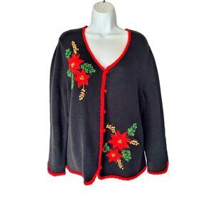 Christmas Cardigan Womens L Vintage Poinsettia Embroidery Beaded Red Chenille Tr